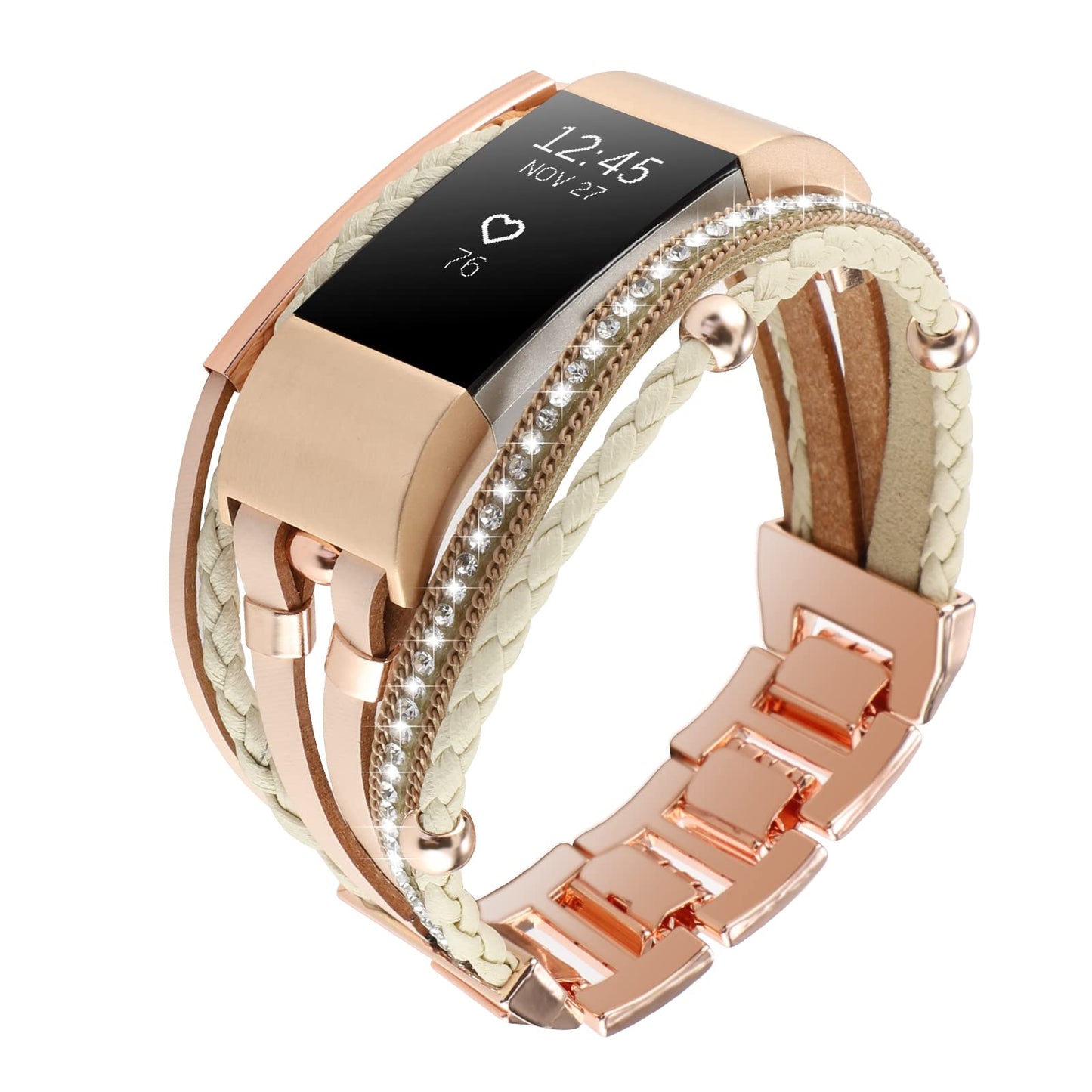 Posh Leather Band Compatible with Fitbit Charge 2 Bands, Boho Handmade Bracelet Multilayer Wrap Layered Wristbands Compatible for Women (Khaki with Rose Gold)