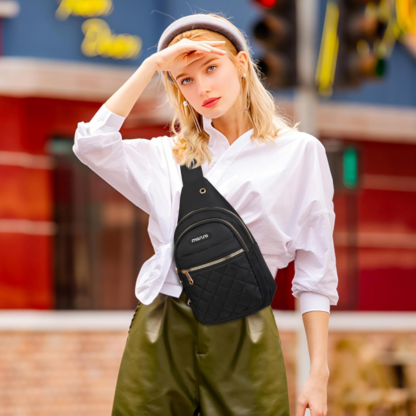 MOSISO Small Sling Backpack - Lightweight Rhombus Quilted Crossbody Bag for Hiking | Black