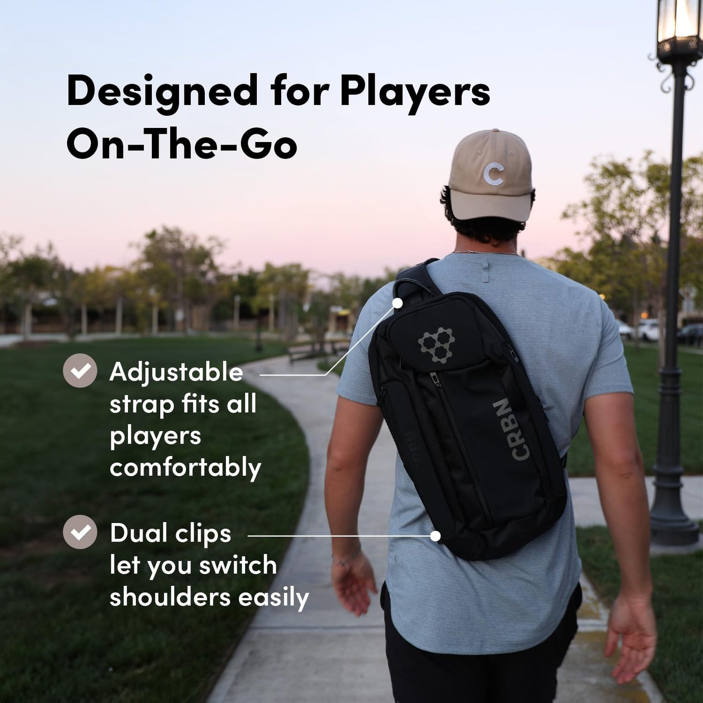 CRBN Pickleball - Sling Bag – Pro Team Water-Resistant Paddle Holder for 3 Paddles, Balls & More (Black)