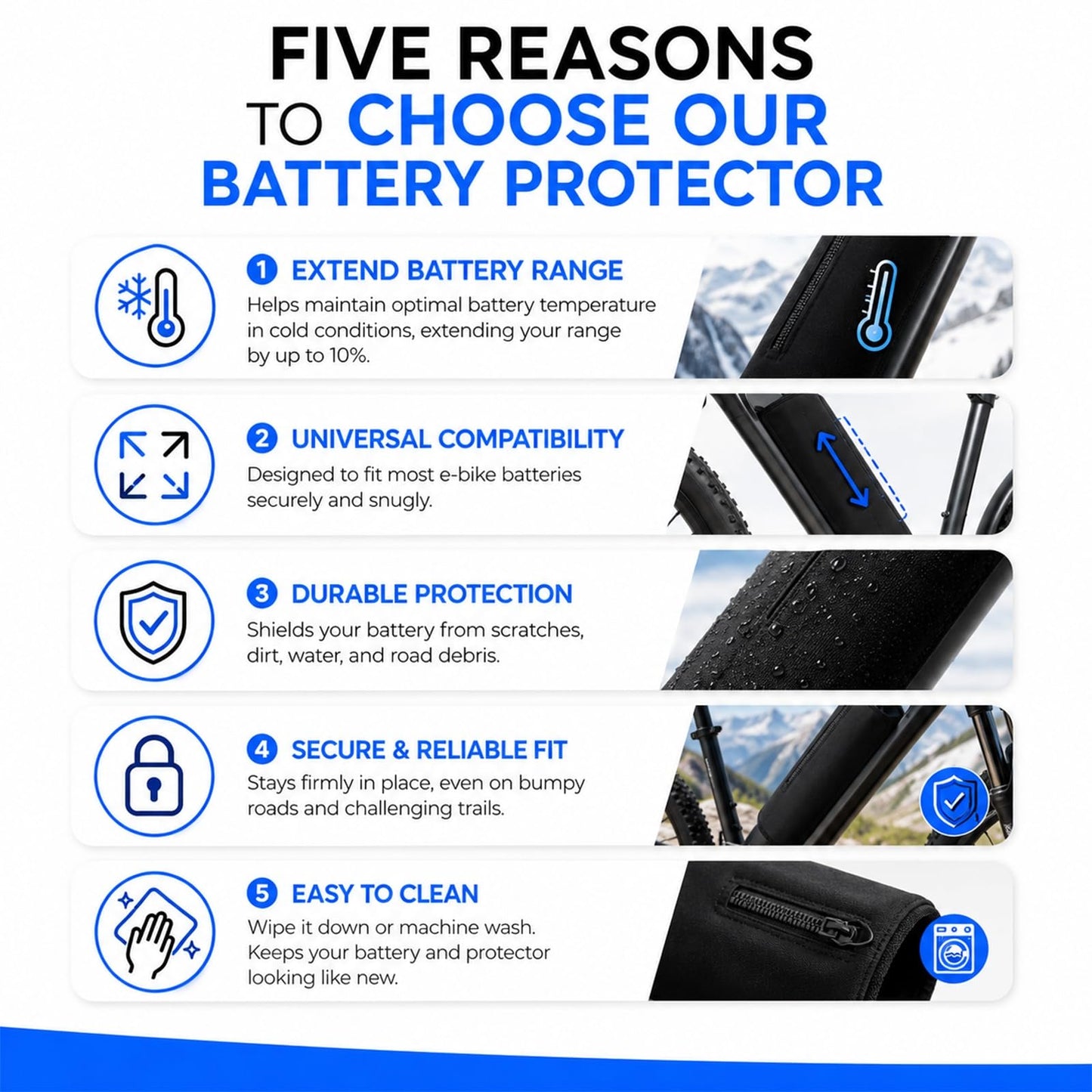 Besudo E-bike Battery Cover - Insulated Neoprene Battery Protector Protection Sleeve with Waterproof Zipper & Bottle Cage Opening, Universal Fit for Integrated E-Bike Batteries