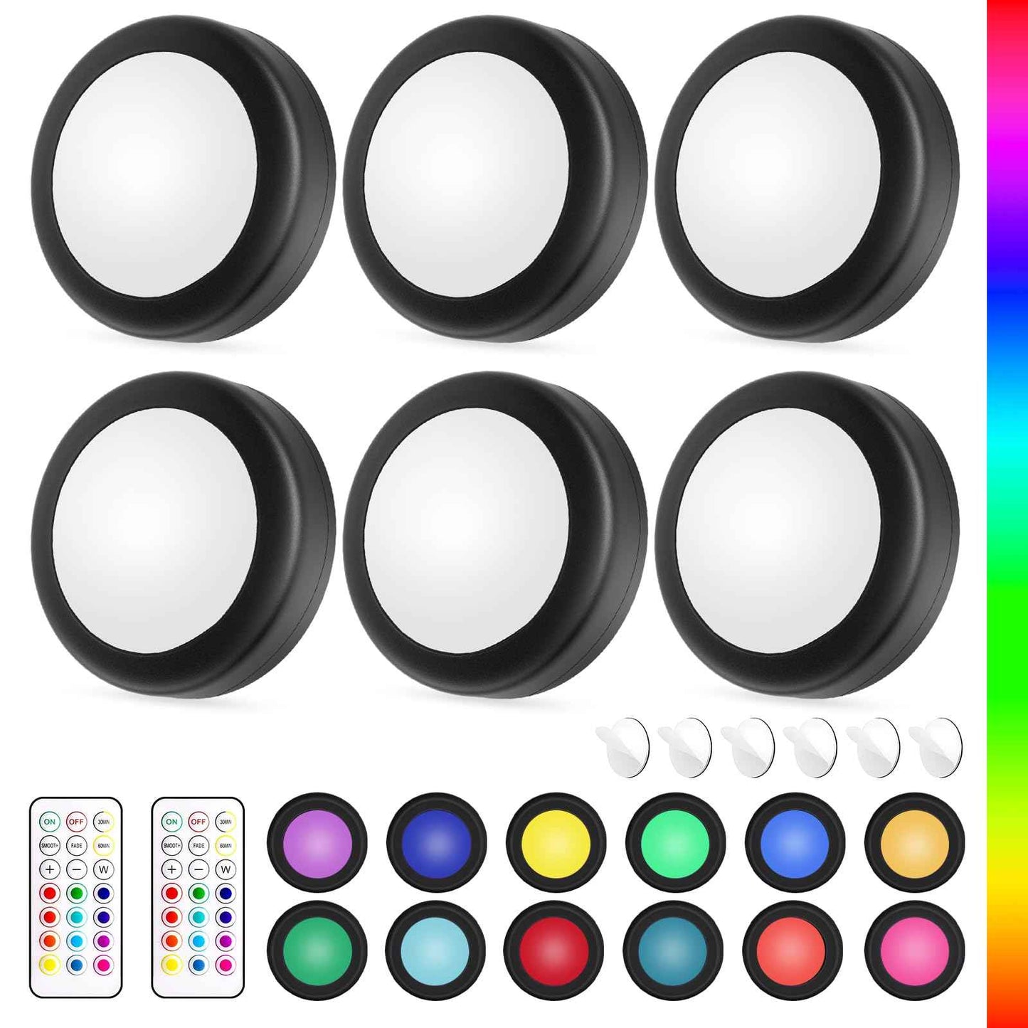 Yiliaw LED Puck Lights with Remote Control, AA Battery Operated, 12 Color Closet Under Cabinet Lighting, Push Tap Light, Under Counter for Kitchen, 6 Pack, Black-Magnetic