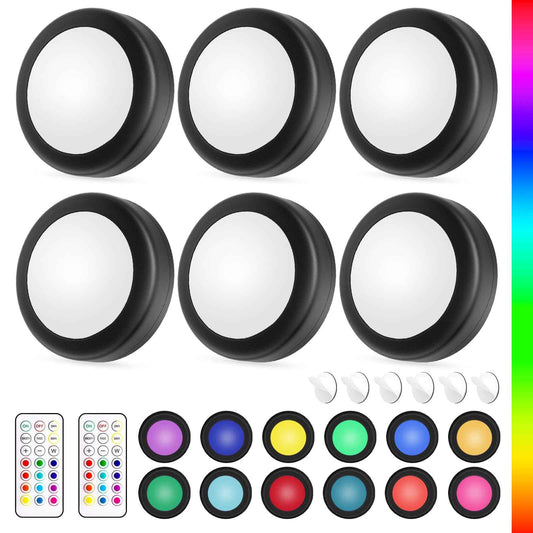 Yiliaw LED Puck Lights with Remote Control, AA Battery Operated, 12 Color Closet Under Cabinet Lighting, Push Tap Light, Under Counter for Kitchen, 6 Pack, Black-Magnetic