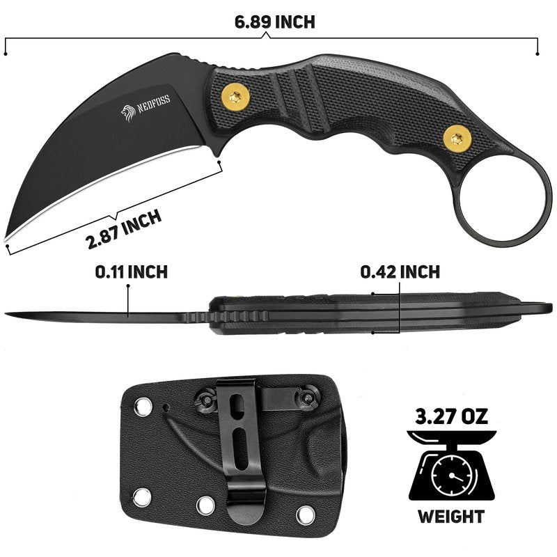 NedFoss VULTURE EDC Fixed Blade Knife with Kydex Sheath, 2.87" 14C28N Steel Tactical EDC Knife with G10 Handle and Adjustable Belt Clip, Horizontal Carry Belt Knives for Men Women