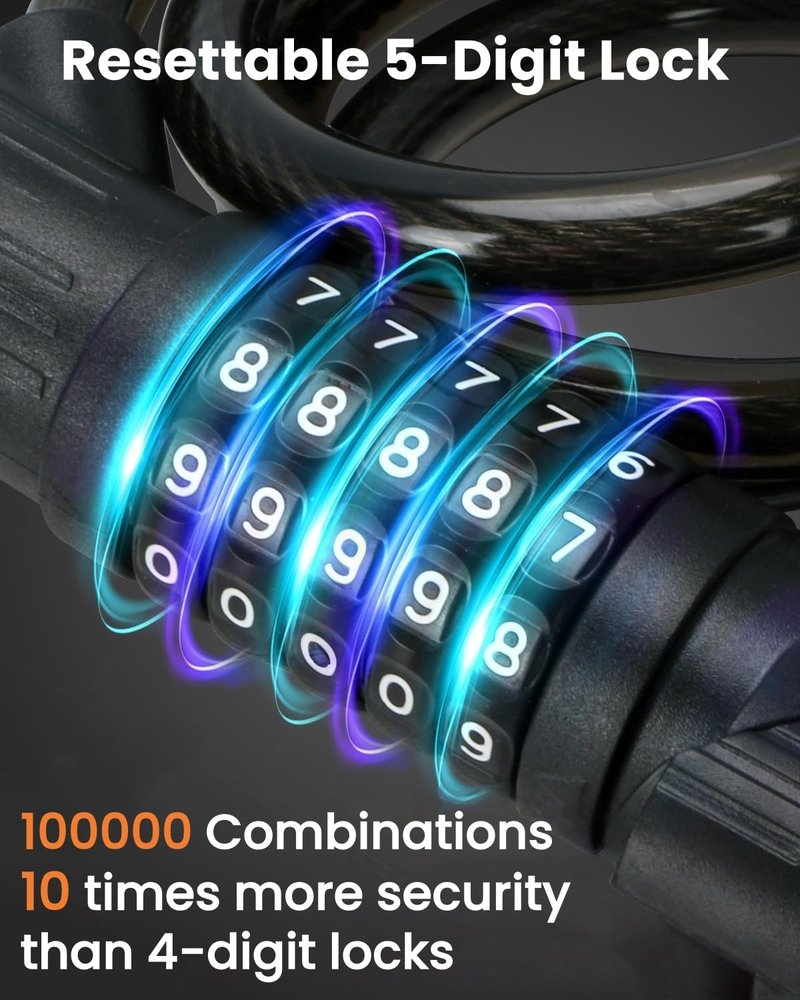 Combination Bike Lock Cable - with LED Bike Tail Light and Keypad Light, IPX6 Waterproof Heavy Duty Strong Anti-Theft 5 Digit Keyless Cable Lock, for Kids Adult Bike Accessories (4FT, Black-0.5 inch)