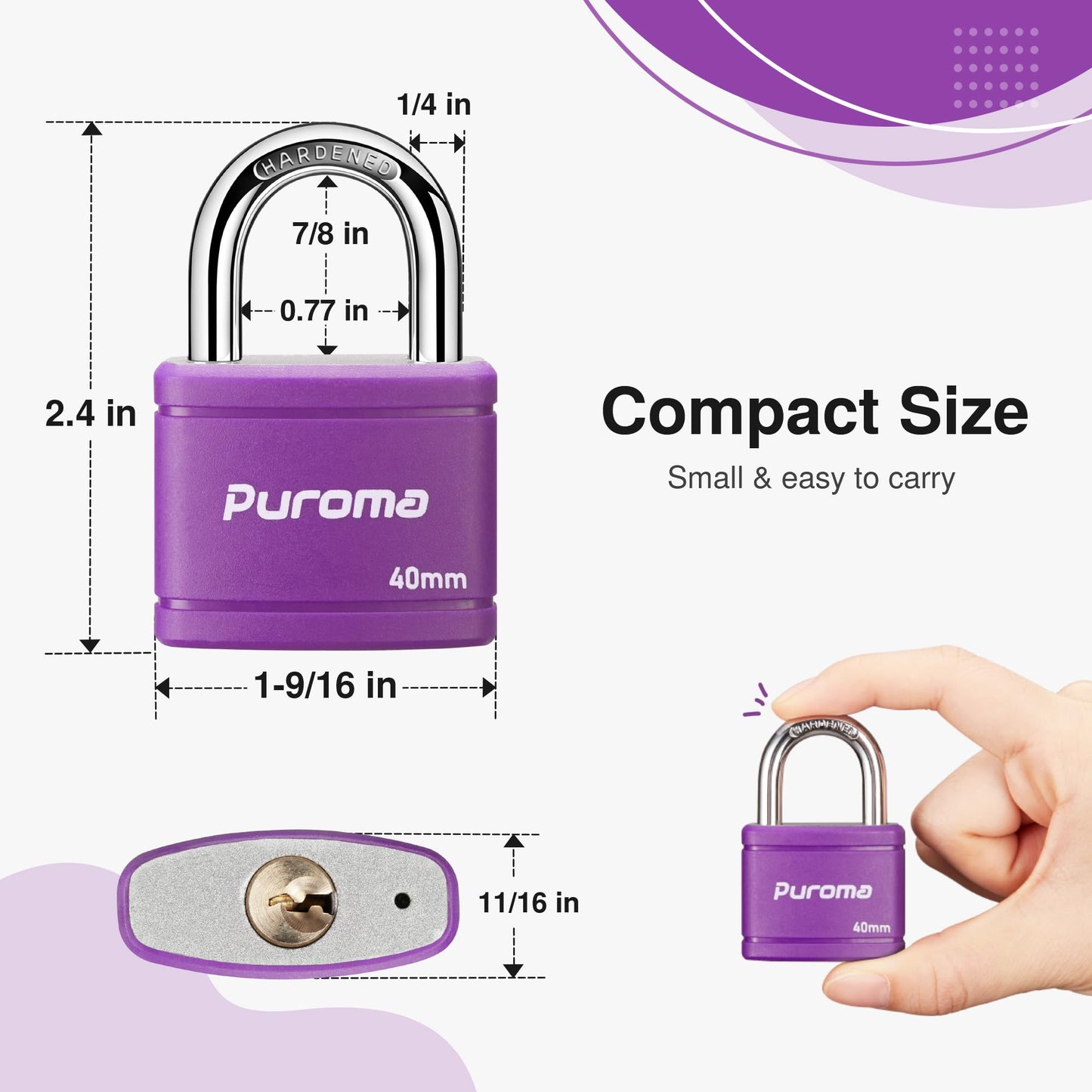 Puroma 2 Pack Keyed Padlock with 3 Keys Alike, 1.1 Inch Locker Lock 40mm Heavy-Duty Locks for Gate Fence Hasp Cabinet Toolbox School Gym Locker (Purple)