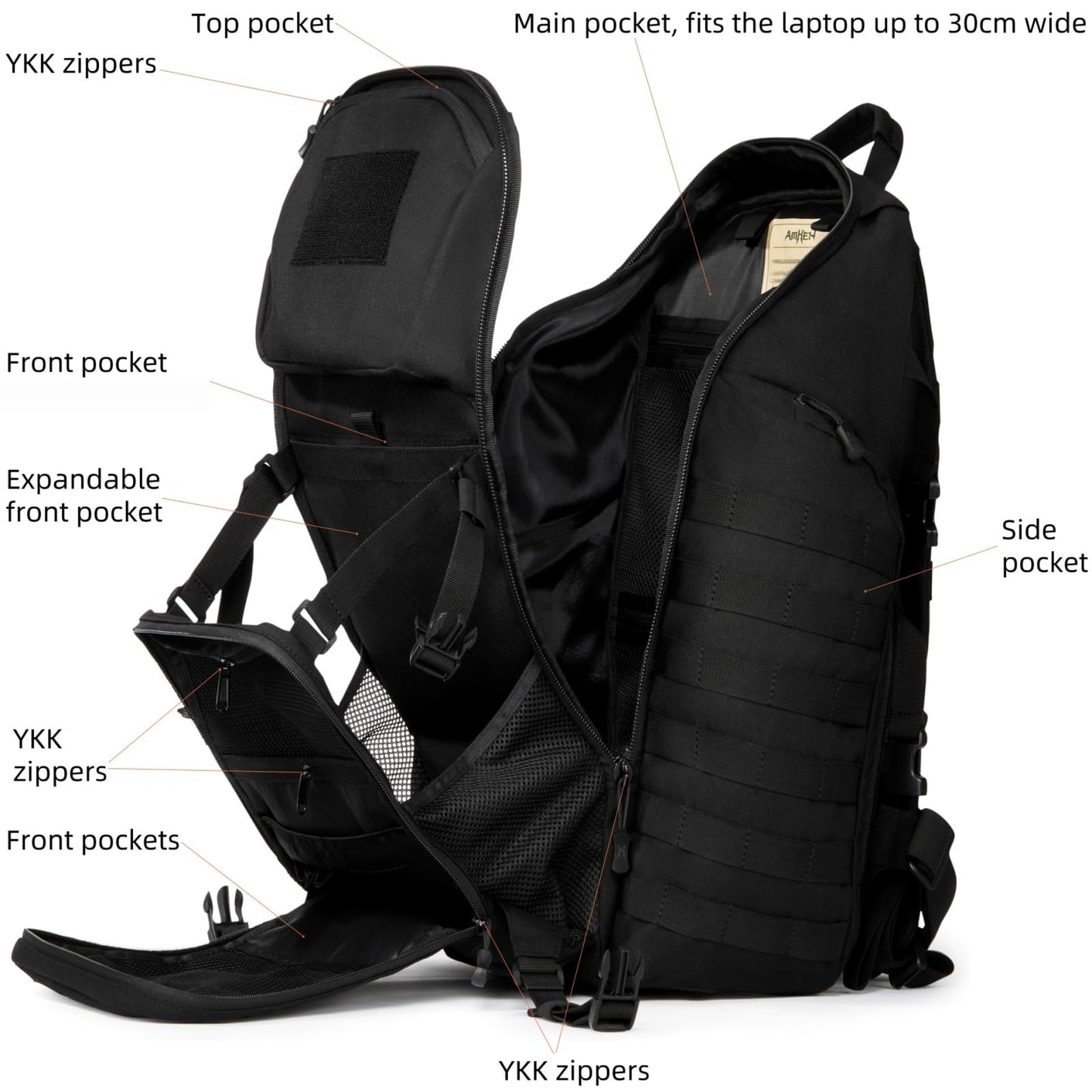 AMHEH 52L 1050D Airplane Approved Tactical Travel Backpack, Black