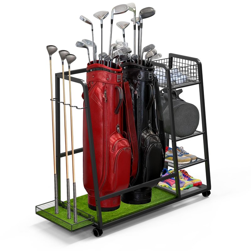 TooCust Golf Bag Storage Rack for Garage Fits 2 Bags, Heavy Duty Metal Golf Bag Organizer with Wheels, Freestanding Golf Club Rack for Equipment Accessories with Shelves & Protective Turf Mat