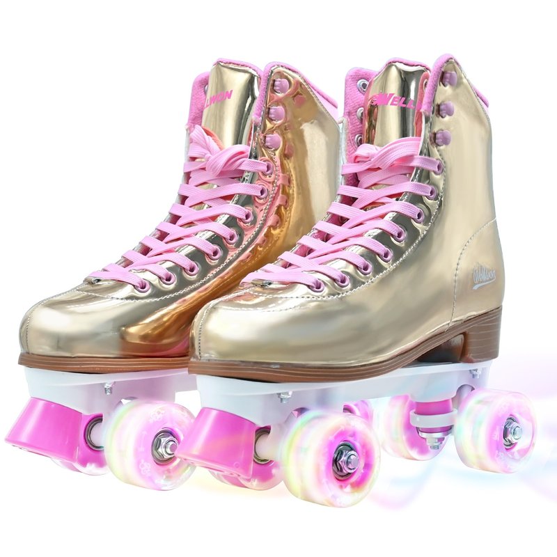 Roller Skate for Women, High-Top PU Leather Quad Skates Size 11 for Beginner, Laser Shiny Gold Double-Row Rollerskates for Girls Ages 8-50 Outdoor and Indoor