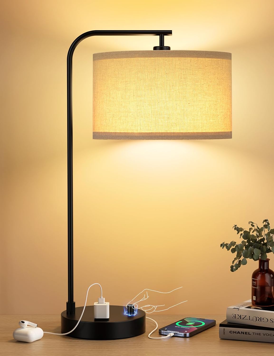 Dimmable Tall Table Lamp with USB Port & Outlet - Linen Shade Bedside Desk Lamp for Bedroom, Living Room, Home Office