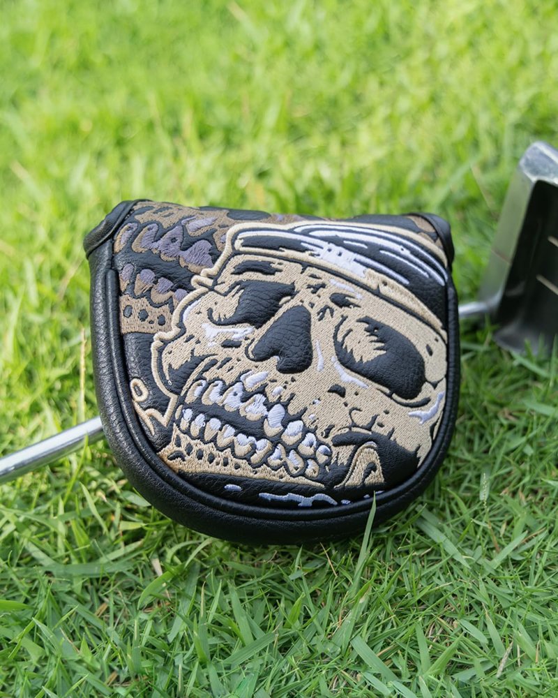 Skull Skeleton Mallet Putter Cover, Golf Club Covers with Magnetic Closure, Premium PU Leather and Advanced Embroidery with Velour Lined Golf Head Covers for Most Brands - Golden Black
