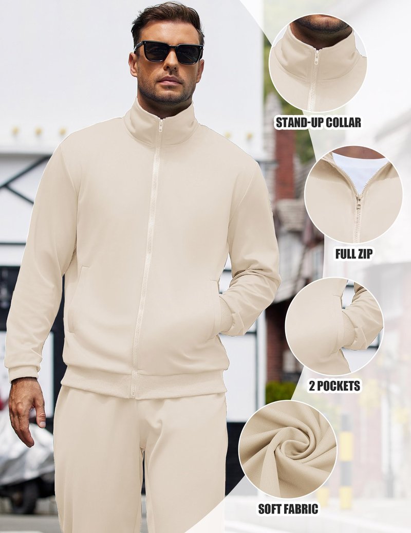 COOFANDY Men's Athletic 2 Pieces Tracksuit Long Sleeve Causal Full Zip Sweat Suit Lounge Set Running Activewear Cream 2XL