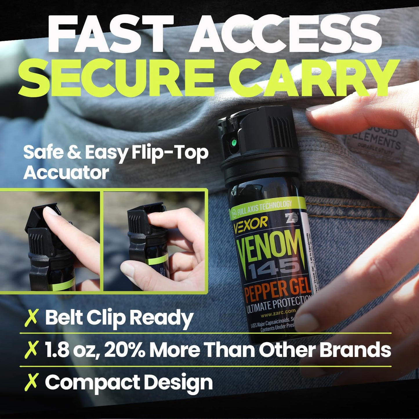 VEXOR Venom Pepper Gel Spray, 1.45% Major Capsaicinoids, Up to 20 ft Range, 18 Bursts, Belt Clip, Made in USA, 1 Pack, 1.8 fl oz