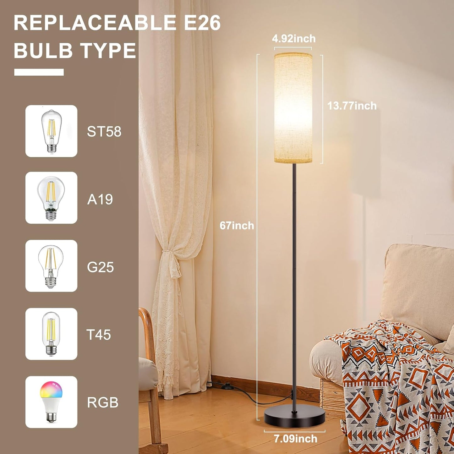 Modern Dimmable Floor Lamp with Remote - RGB Smart Bulb for Living Room, Bedroom & Office