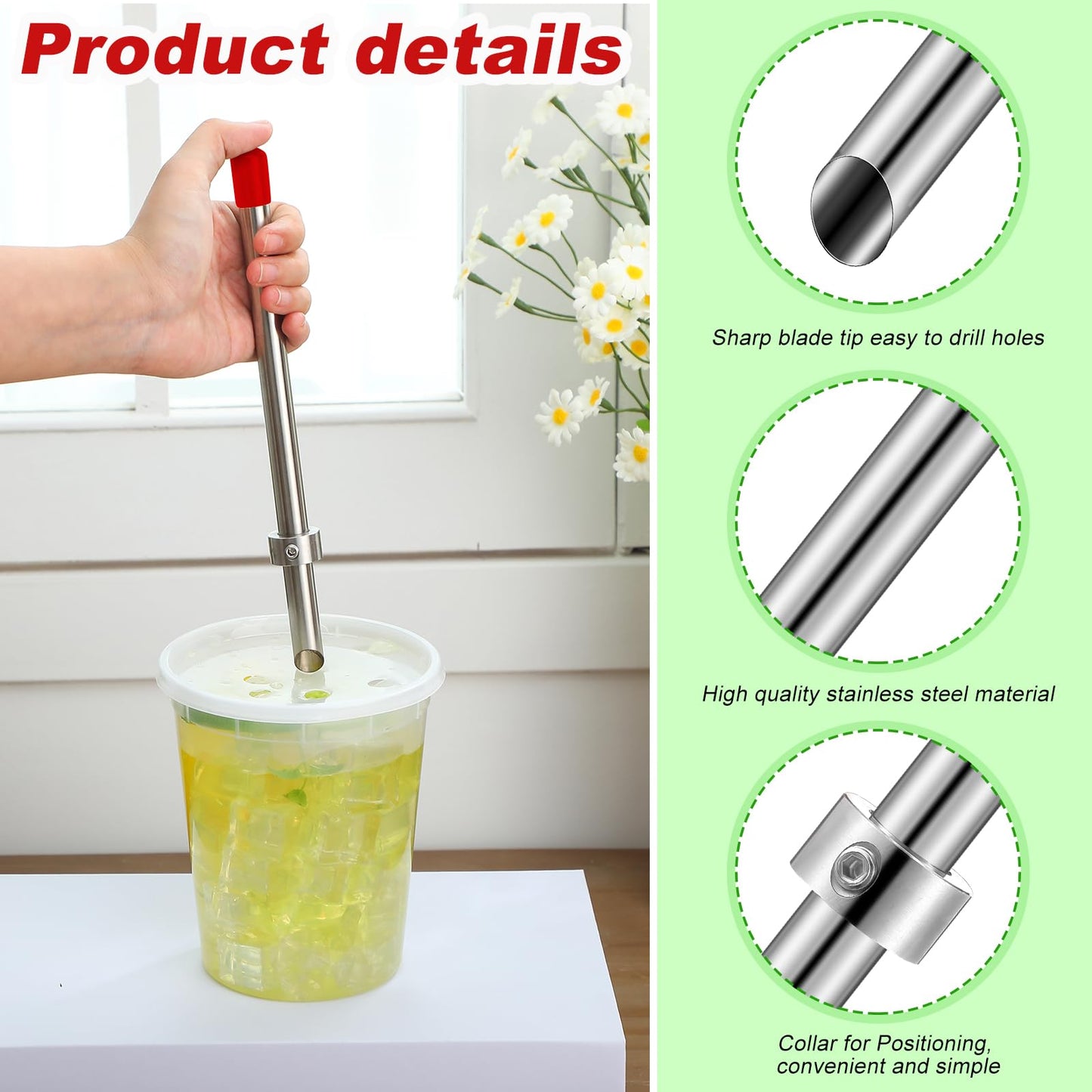 Lasnten 2 Pack Straw Puncher for Plastic Lids Lemonade Cups, Stainless Steel Straw Hole Puncher Punching Tools for Cafe Drinks Fresh Squeezed Lemonade Stand Supplies (8.7 Inch,Red)