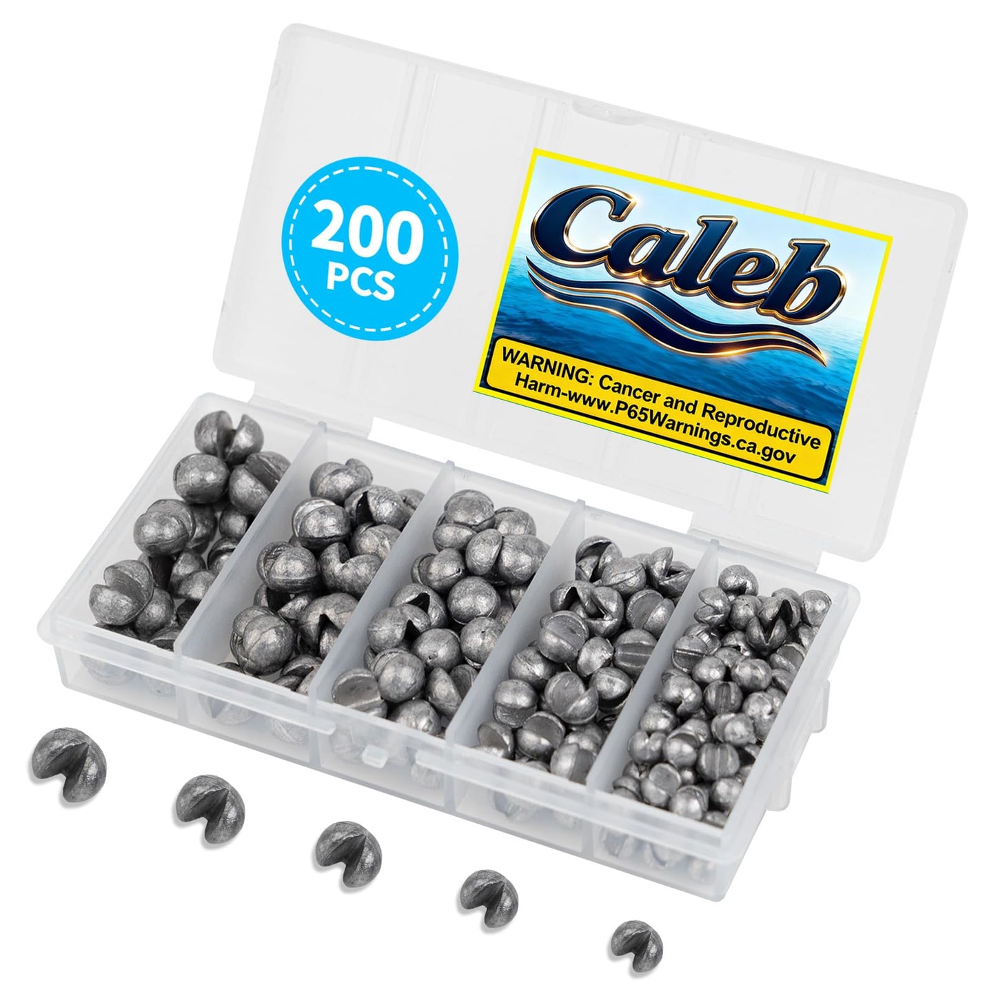 Caleb 200Pcs Split Shot Fishing Weights Sinkers, Removable Drop Shot Weights for Freshwater Saltwater Bass Trout Fly Fishing Accessories - 5 Sizes