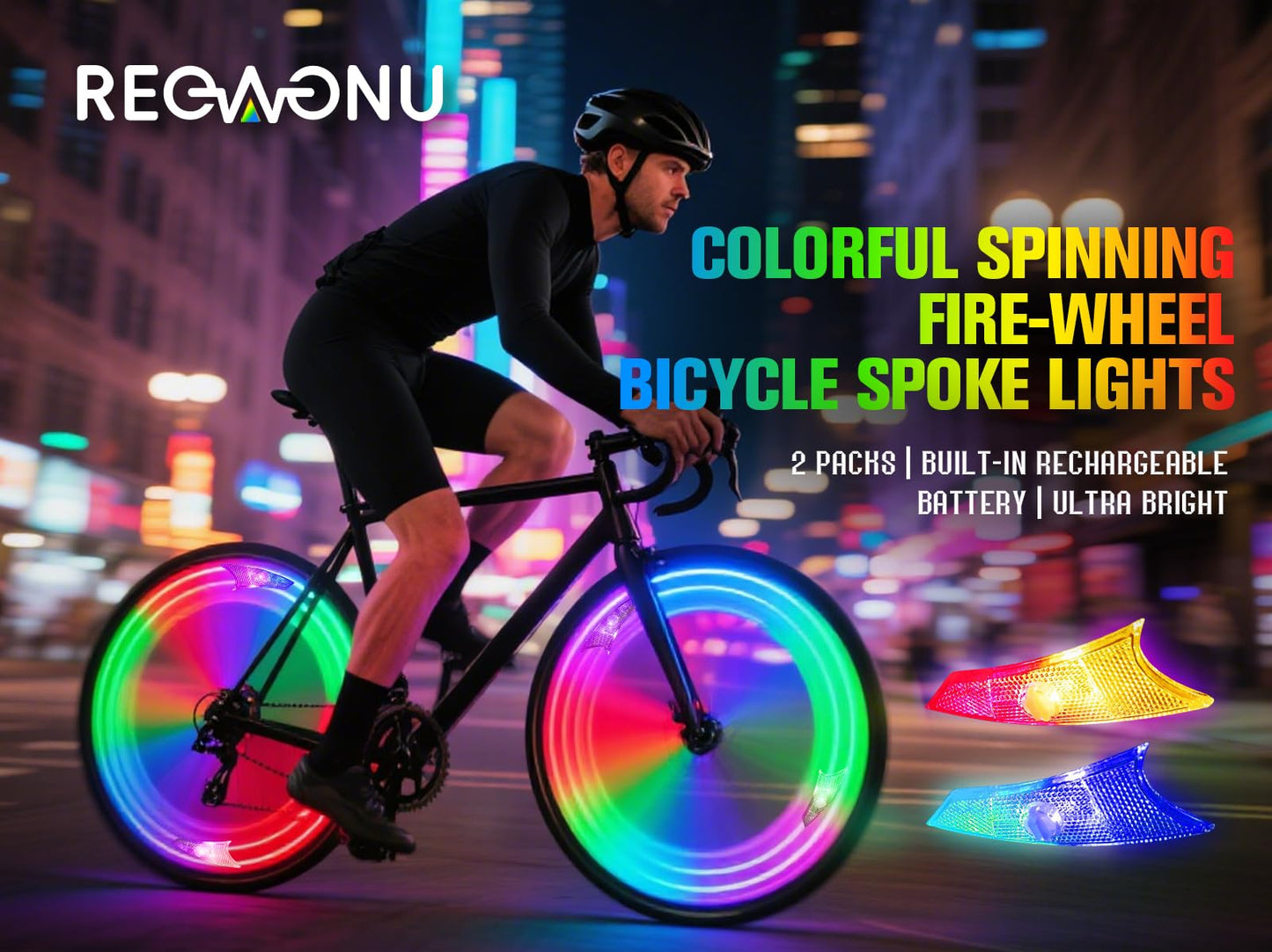 REOWONU 2-Tire Pack Bike Spoke Lights for Bike Wheels Lights Rechargeable(Batteries Included), Bicycle Wheel Light for Night Riding, 360 Visibility, Vibration Sensing, Ultra Bright (Bike Spoke Light)