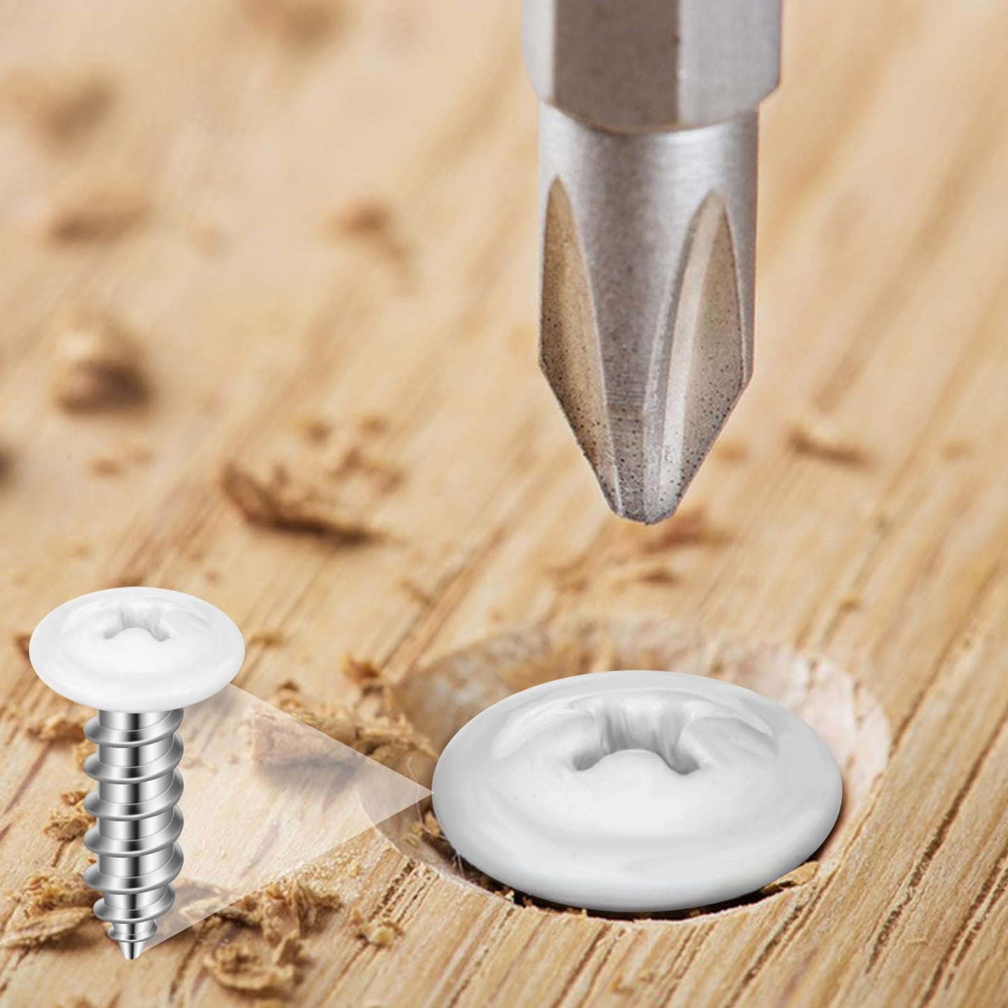 150PCS White Head Screws #8 Wood Screws for 3.6mm-3.8mm Holes,1/2”, 3/4”, 1”,1-1/4”, 1-1/2”, 2” Size White Pan Cabinet Screws for Wood, Shutters,Book Shelf,Wall Plate,Shiplap,Blank Plates