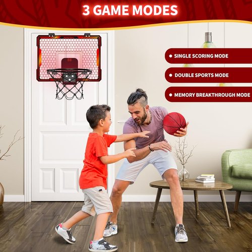 HYES Indoor Basketball Hoop - Mini Over Door Design with 7 LED Lights & Scoreboard | Adjustable Volume, Foldable