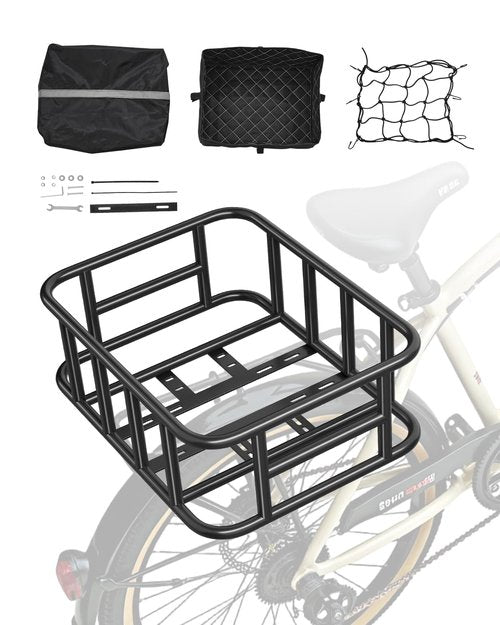 VEVOR Rear Bike Basket, Medium Bicycle Basket with Cargo Net, Liner & Waterproof Cover, Heavy Duty Bike Back Basket for Adult Women/Men Carrying Dogs, Pets, Fruit & Grocery, Mounting Tools Included