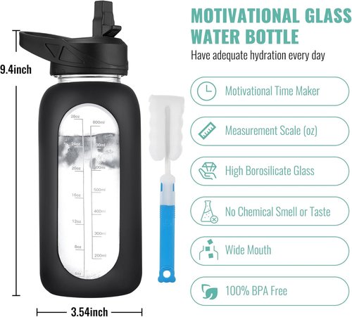 CIVAGO 32 Oz Glass Water Bottle - Motivational Sports Flask with Straw, Time Marker & Silicone Sleeve | Sage