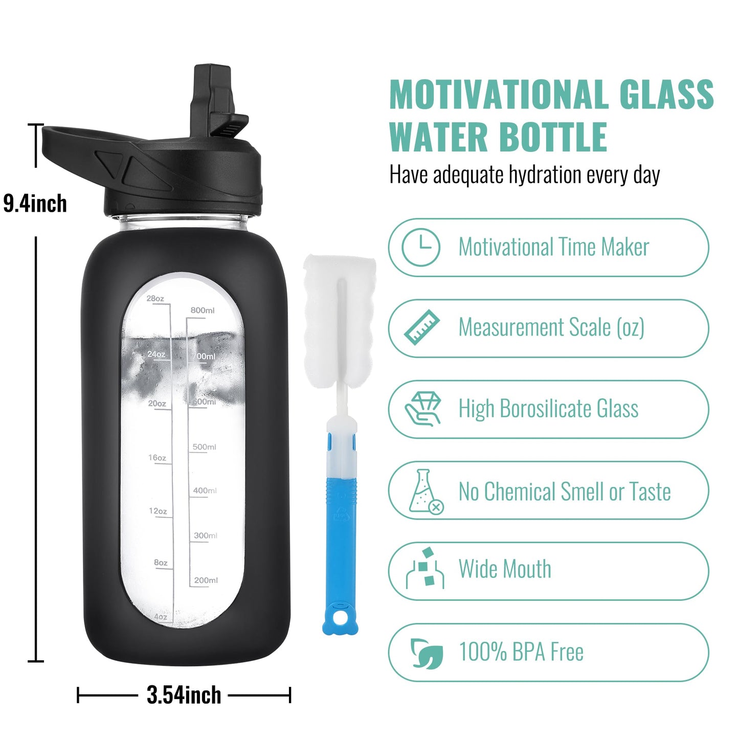 CIVAGO 32 oz Glass Water Bottle with Straw and Handle, Large Sports Motivational Water Bottle Flask with Time Marker and 2 Lids, Leakproof Water Jug Canteen with Silicone Sleeve for Gym, Rose Taupe