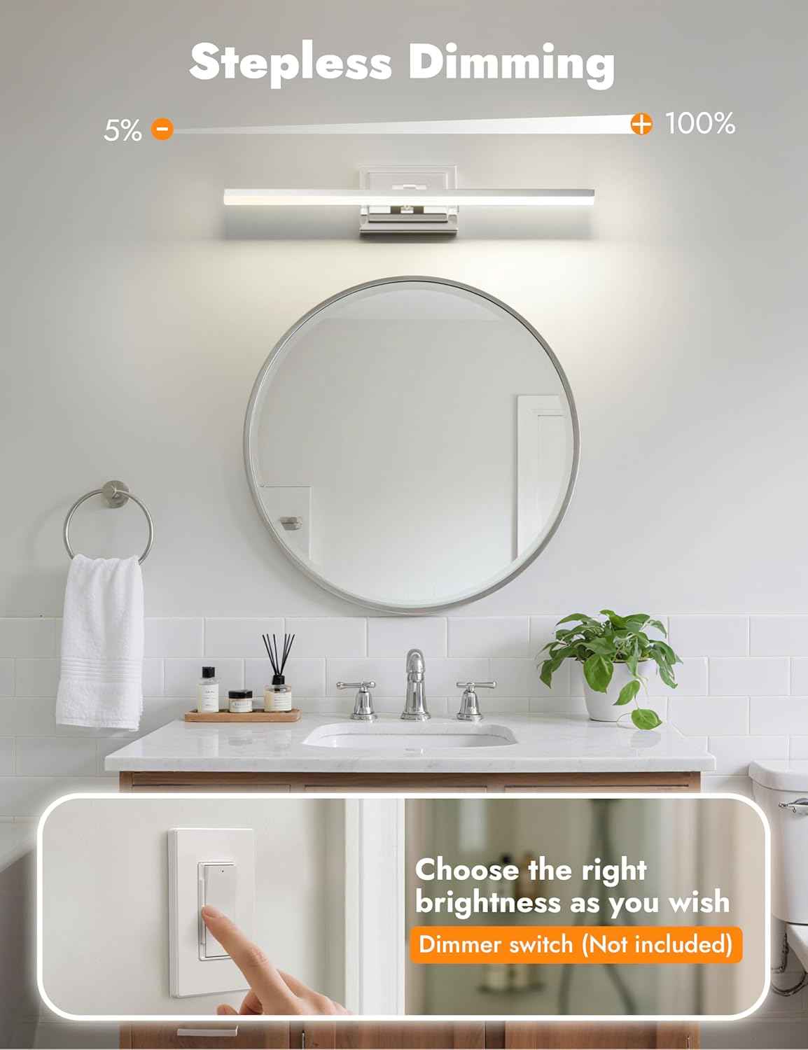 NIORSUN 24-Inch Dimmable LED Bathroom Vanity Light Fixture - Modern Black Over Mirror Lighting, 5CCT, ETL Certified