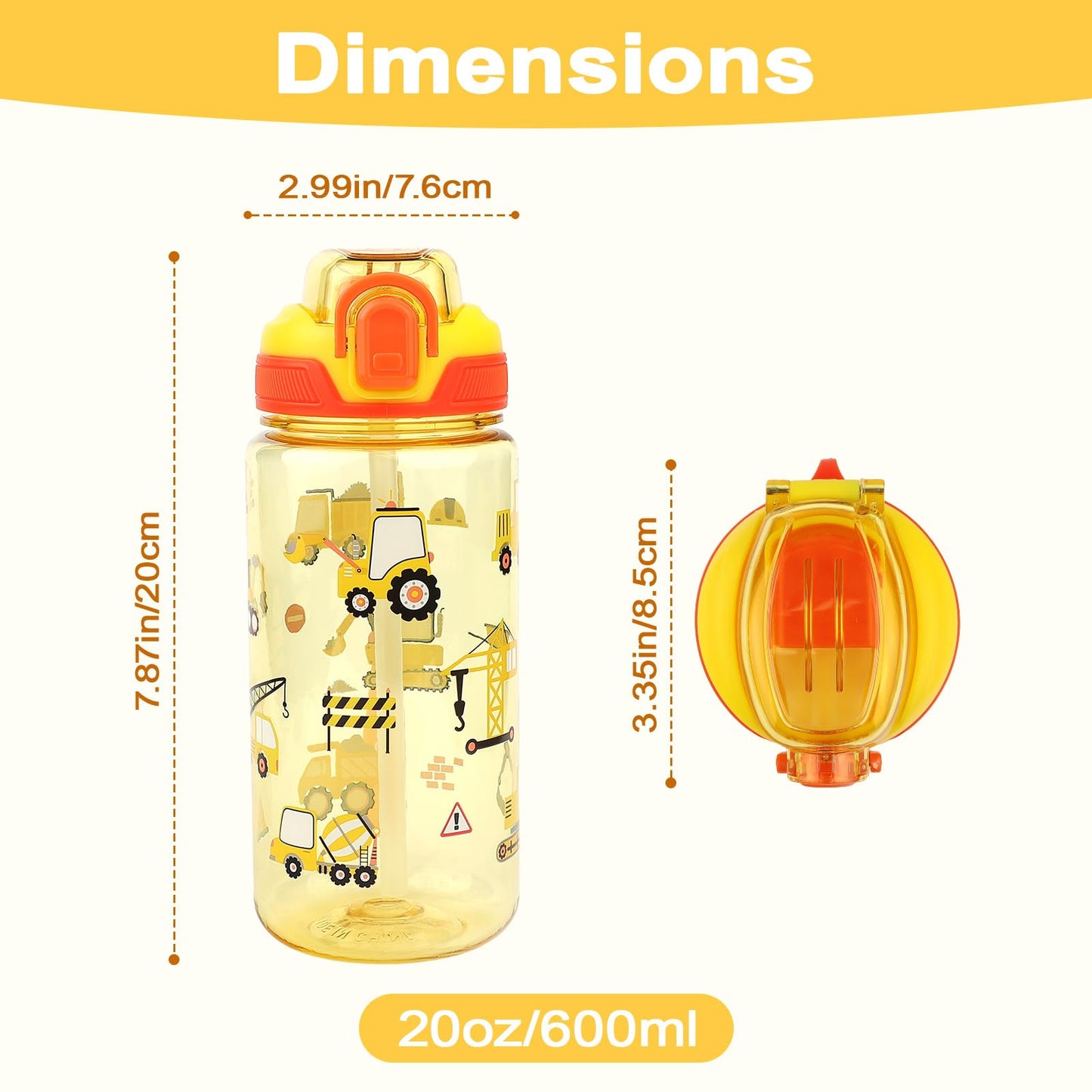 wooshwa Kids Water Bottle for School or Travel, 20 Oz Durable Plastic Water Bottle with Silicone Straw and Pop-Up Spout Cover, BPA Free & Dishwasher Safe(Excavator)