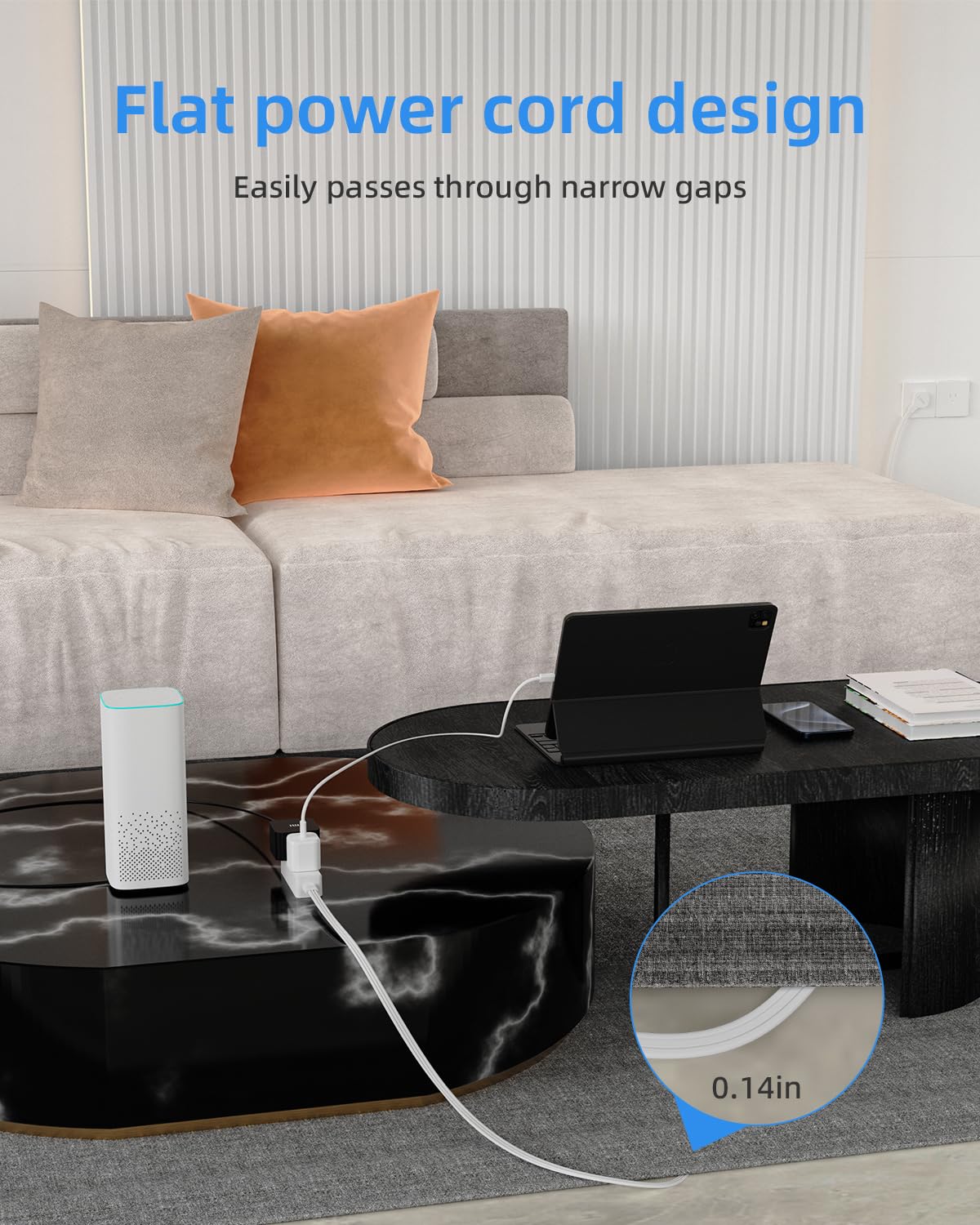 Flat Plug Extension Cord with 3 Outlets - 6 ft White Low Profile Indoor 3 Prong Grounded Power Strip for Home Office & Travel - 16/3 AWG, 13A/1625W