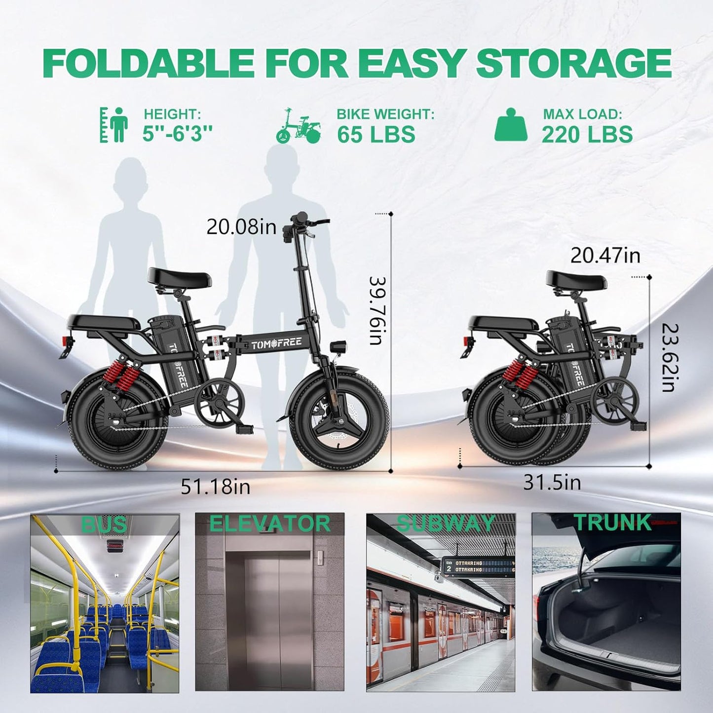 Tomofree Folding Electric Bike - 750W Peak Power, 20-24MPH, 48V 20AH Battery | 35-75 Miles Range, 14" Fat Tires
