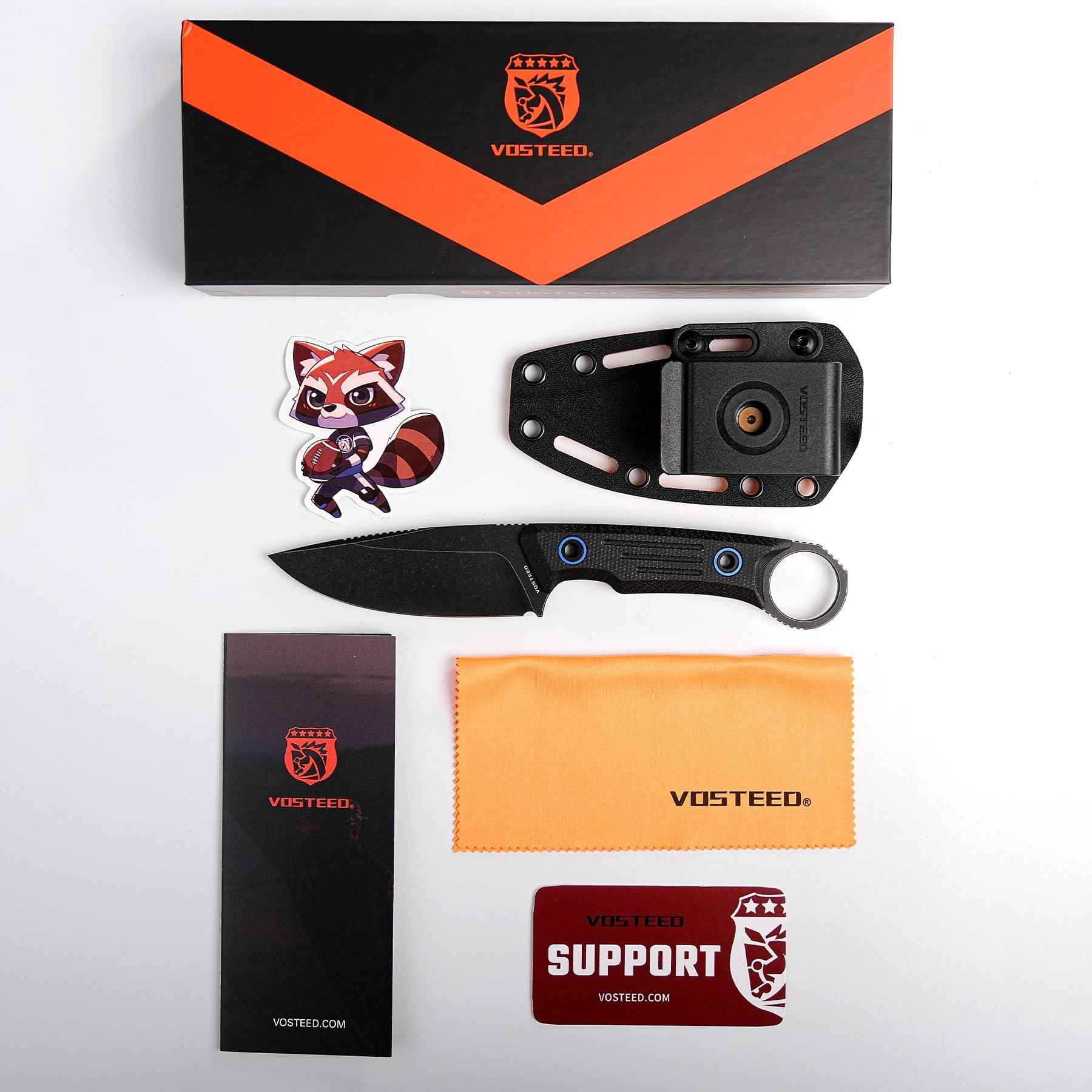 Vosteed Full Back Series EDC Fixed Blade Knife - 3.48" Nitro-V Steel Blade with Sheath, Black Micarta Handle with Finger Loop - Camping Hiking Knives - D0301