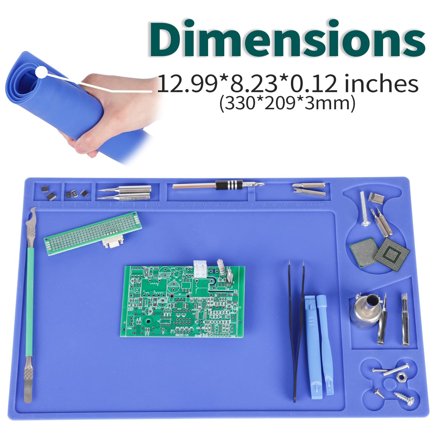 YIHUA M150 Heat-resistant Soldering Mat with Multiple Storage Slots, Built-in Ruler, Bendable Soft Silicone Soldering Mat, Dimensions 12.99 * 8.23 * 0.12 inches (330 * 209 * 3mm)