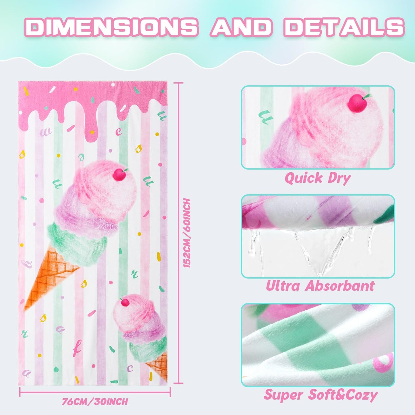 WERNNSAI Kids Beach Towel for Girls - 30” x 60” Ice Cream Sand Free Swim Towels for Girls Bath Pool Camping Travel Towel Quick Dry Ultra Absorbent Super Soft Beach Blanket Bath Shower Towel