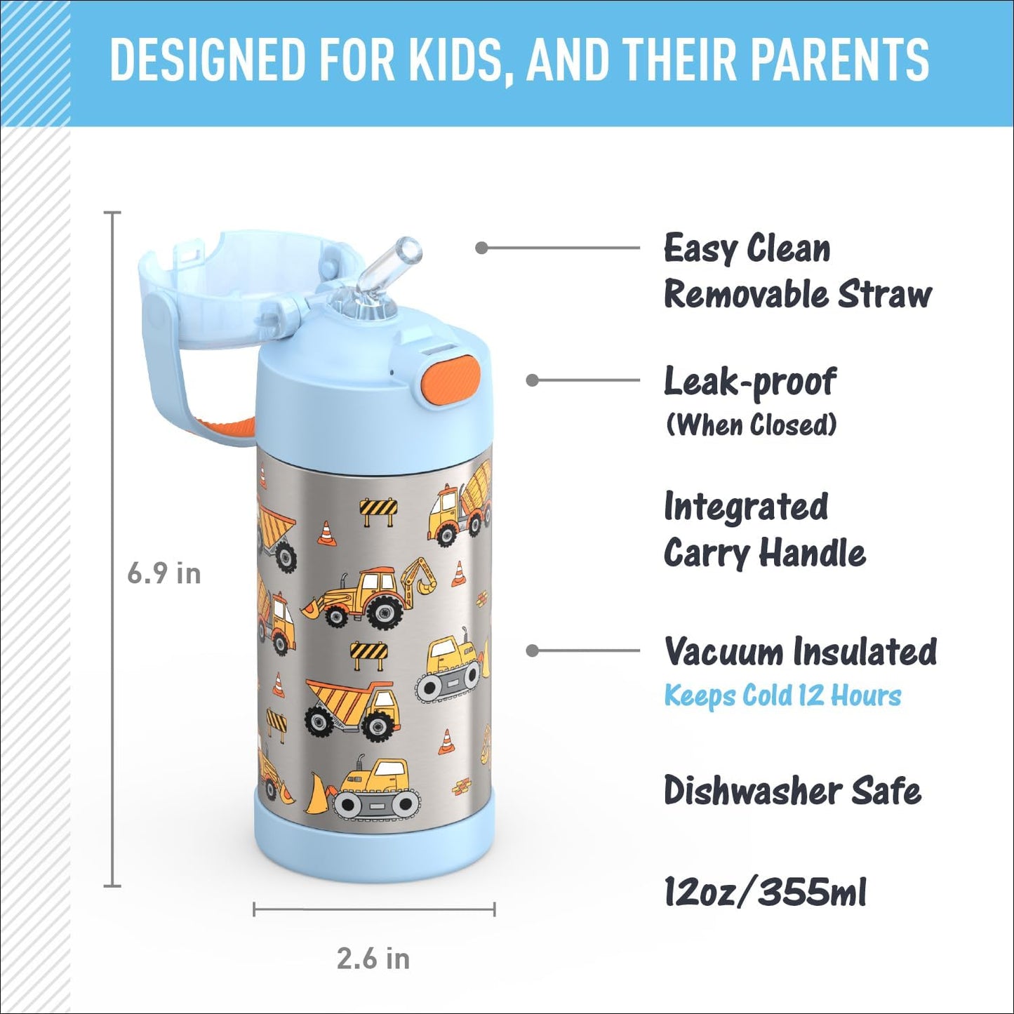 THERMOS FUNTAINER Water Bottle - 12 Ounce Stainless Steel, Vacuum Insulated with Straw for Kids | Construction Design
