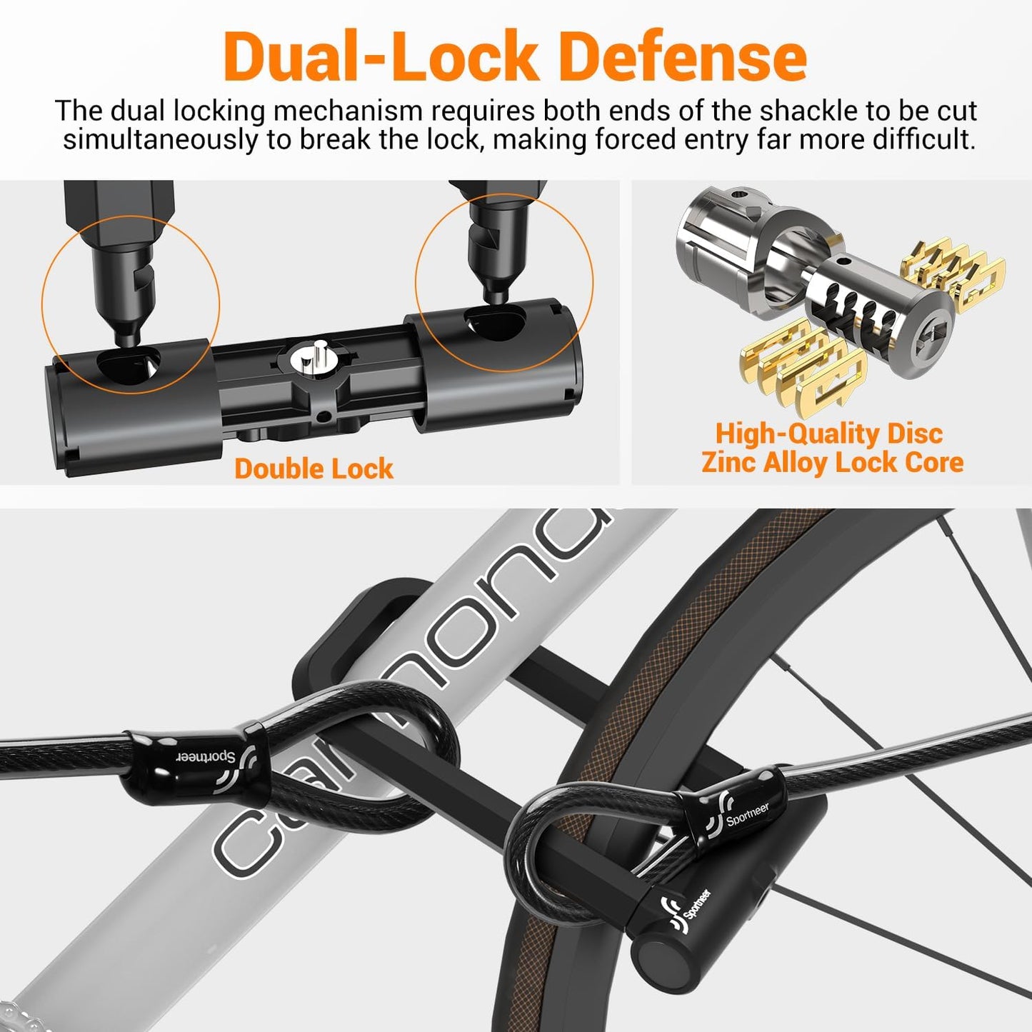 Sportneer Bicycle Lock - 18mm Heavy-Duty Anti-Theft U Lock with 5ft Security Cable & 3 Keys | Fits Road & Mountain Bikes, Size 8.58'' x 4.85''