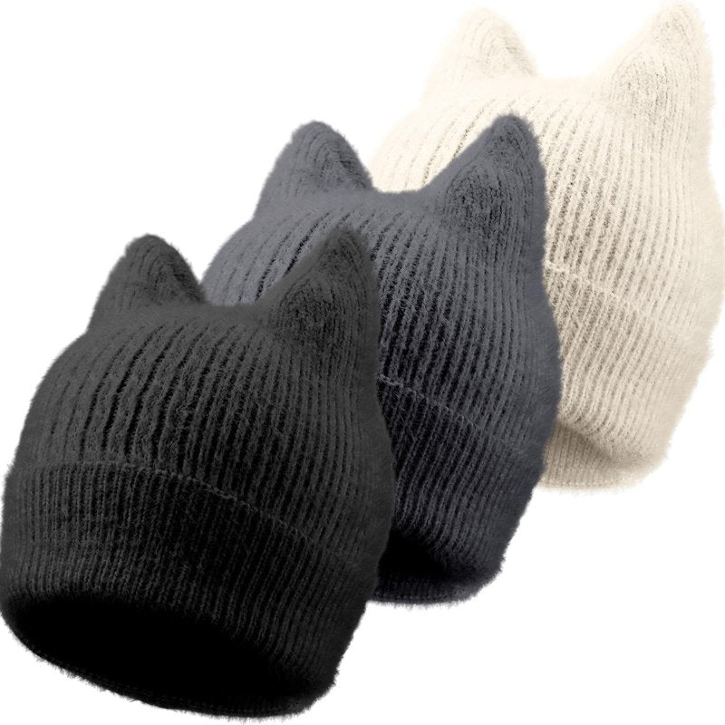Silicherry 3 Pack Winter Cat Ear Knit Beanie Hats for Women, Soft Warm Slouchy Beanies, Stretchy Cuffed Caps for Adults(Black,Grey,White)