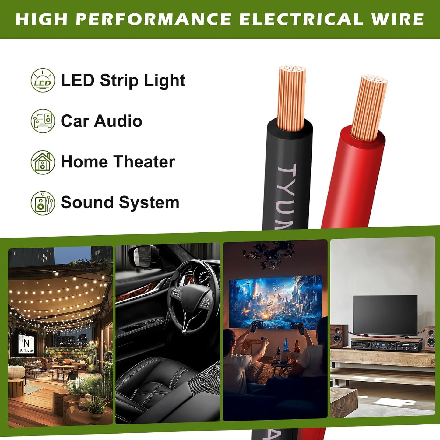 TYUMEN 10 AWG Red Black Electrical Wire - 25FT Flexible Low Voltage Cable for LED Strips & Home Use