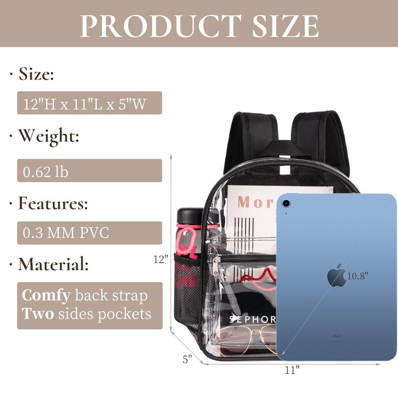 ZENPUNK Clear Backpack for Stadium Approved 12×12×6, Small Size See Through Bag, PVC Transparent Backpack for Festival Sport Event Concerts (BLK)
