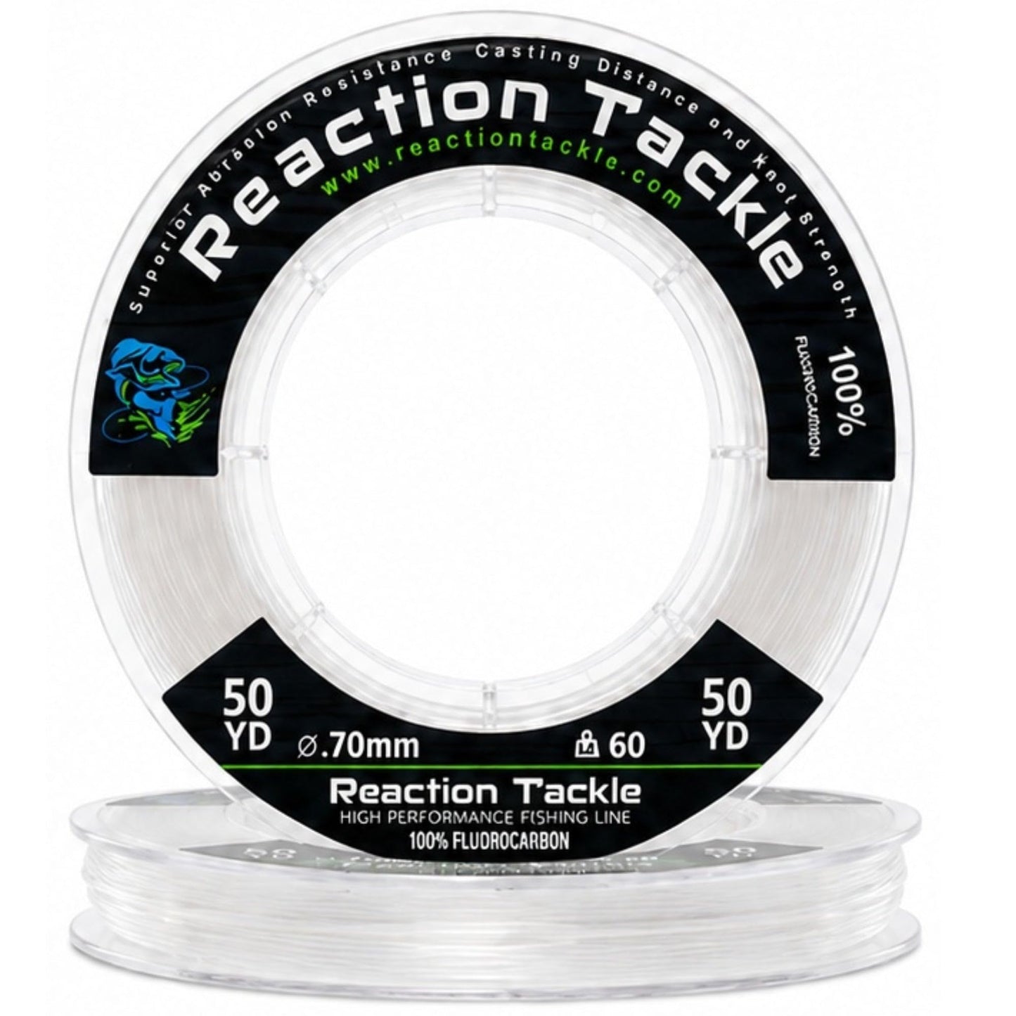 Reaction Tackle 100% Pure Fluorocarbon Fishing Line - High Strength, Abrasion-Resistant, Fast-Sinking, Virtually Invisible - Saltwater and Freshwater Leader Line - Clear - 12LB 50 Yards