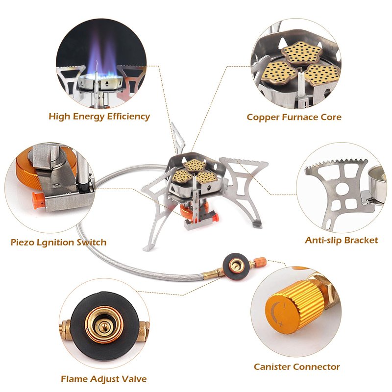 RIDEIWAKE 6800W Camping Stove with Fuel Canister Adapter, Portable Backpacking Gas Stove with Piezo Ignition, 1LB Propane Tank, Butane Adapter for Outdoor Cooking, Picnic, Camping and Hiking