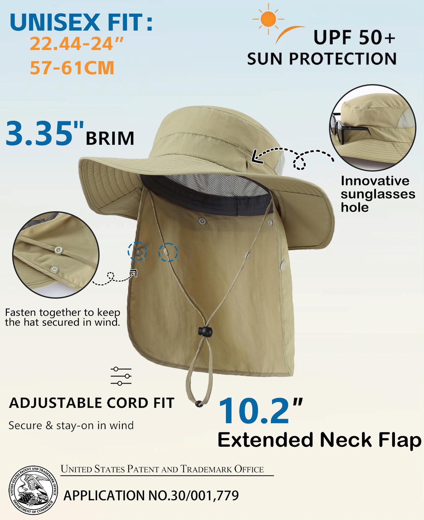 Home Prefer UPF 50+ Sun Hats for Men Women Wide Brim Fishing Hat with Neck Flap Summer Safari UV Protection Bucket Hat Light Vert Khaki