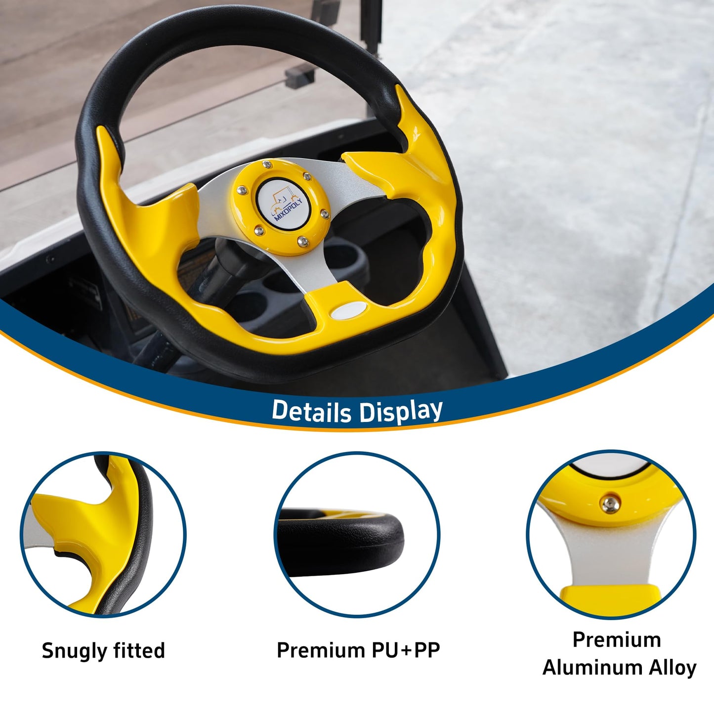 Mixopoly 12.5" Universal Golf Cart Steering Wheel fits Club Car DS/Precedent/Onward/Tempo, Yamaha, and EZGO TXT/RXV Golf Cart, Anti-Slip and Good Grip (D-Shape, Yellow)