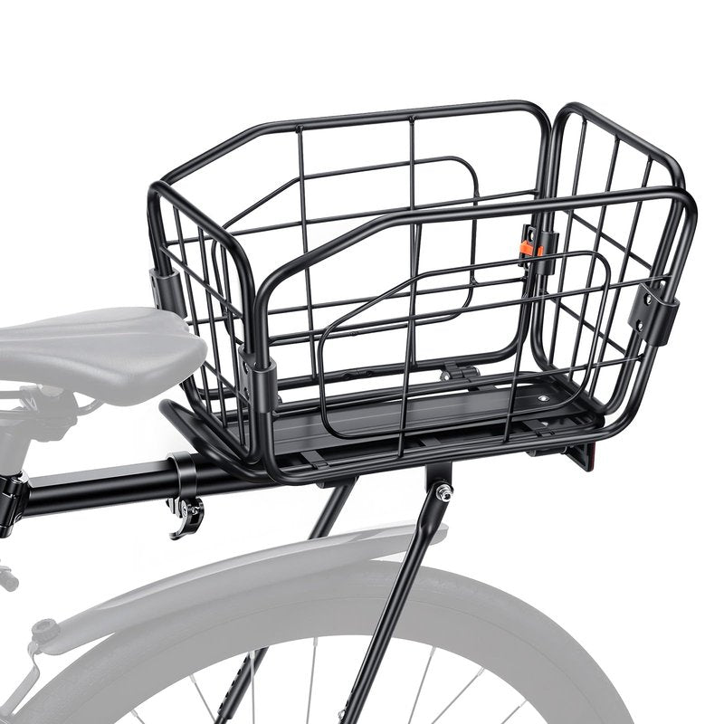 EQIIO Rear Bike Rack with Foldable Basket – 22L, Quick Release Bike Cargo Rack Aluminum Alloy & 165LB Load, Adjustable Bicycle Rack with Reflector & Installation Tool & Free Bungee Cord, Waterproof