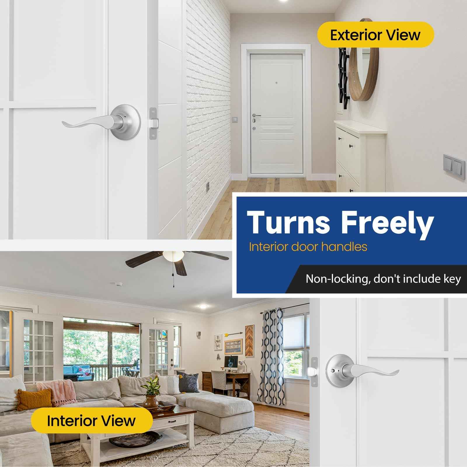 RAFECIEE Passage Door Handle Keyless Closet Door Handles Interior Wave Lever Door Handle for Hallway, Reversible for Right & Left, Satin Nickel