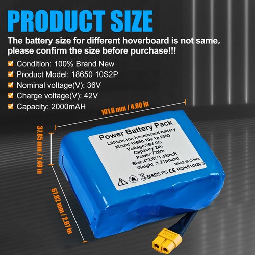 iDeaZoo 36V 2000mah Lithium Li-ion Hoverboard Battery with XT60,SL60 Plug Configuration 10S2P General Purpose Battery Replacement fit 42V 2000mah,Compatible for Most Hoverboard Models Without Axle