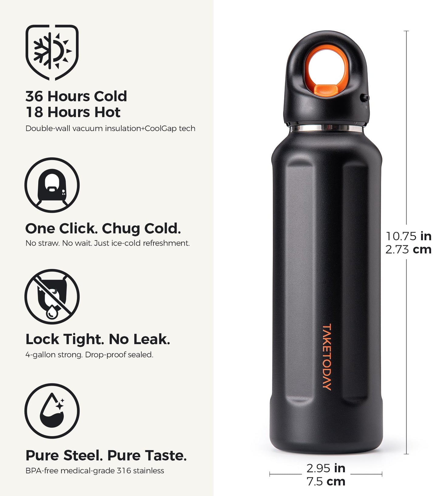 TakeToday 20oz Insulated Water Bottle with One-Touch Chug Lid, Leakproof, Keeps Cold 36H, Stainless Steel Double-Wall Vacuum Thermos for Gym, Hiking & Outdoor, Black