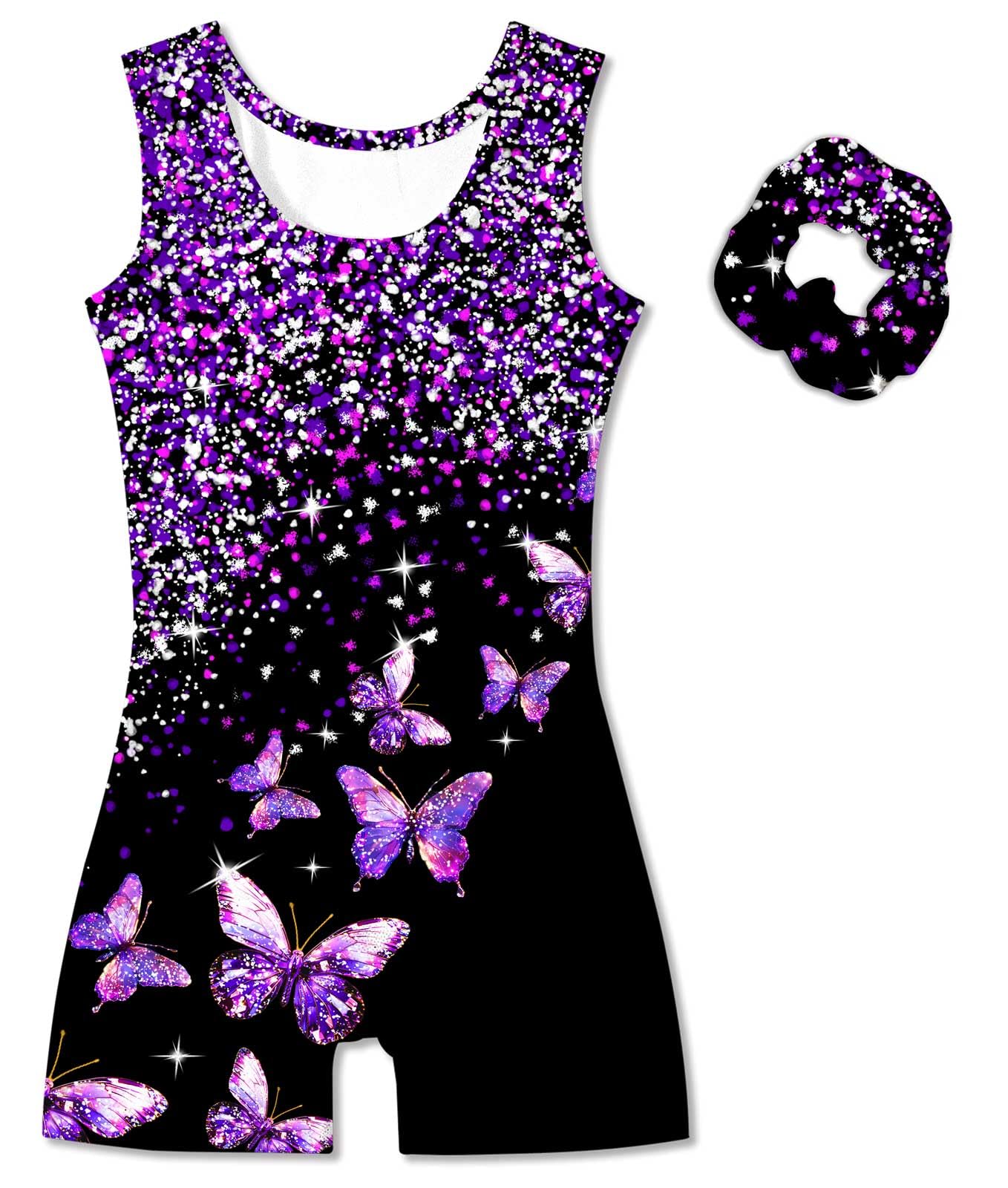 Vogseek 9-10 Years Girls Gymnastics Leotards with Hair Scrunchie Sparkle Dance Unitards Purple Butterfly's Glitter Active Biketards with Shorts for Kid Cute Tumbling Dance Outfits