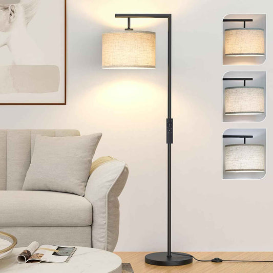 Adjustable Black Floor Lamp for Living Room - 3 Color Temperatures & Beige Linen Shade