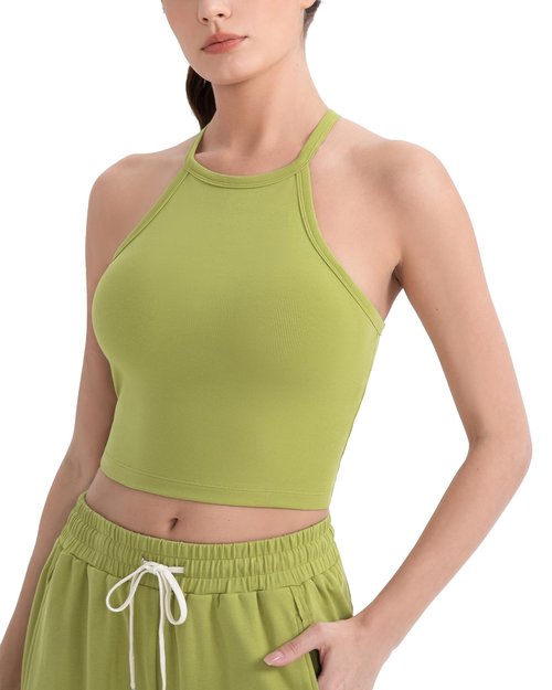CICI FIVE Sport Tank for Women Seamless Rib-Knit Crop Tank with Built-in Bra Halter Neck Activewear Y2K Workout Camisole Olive