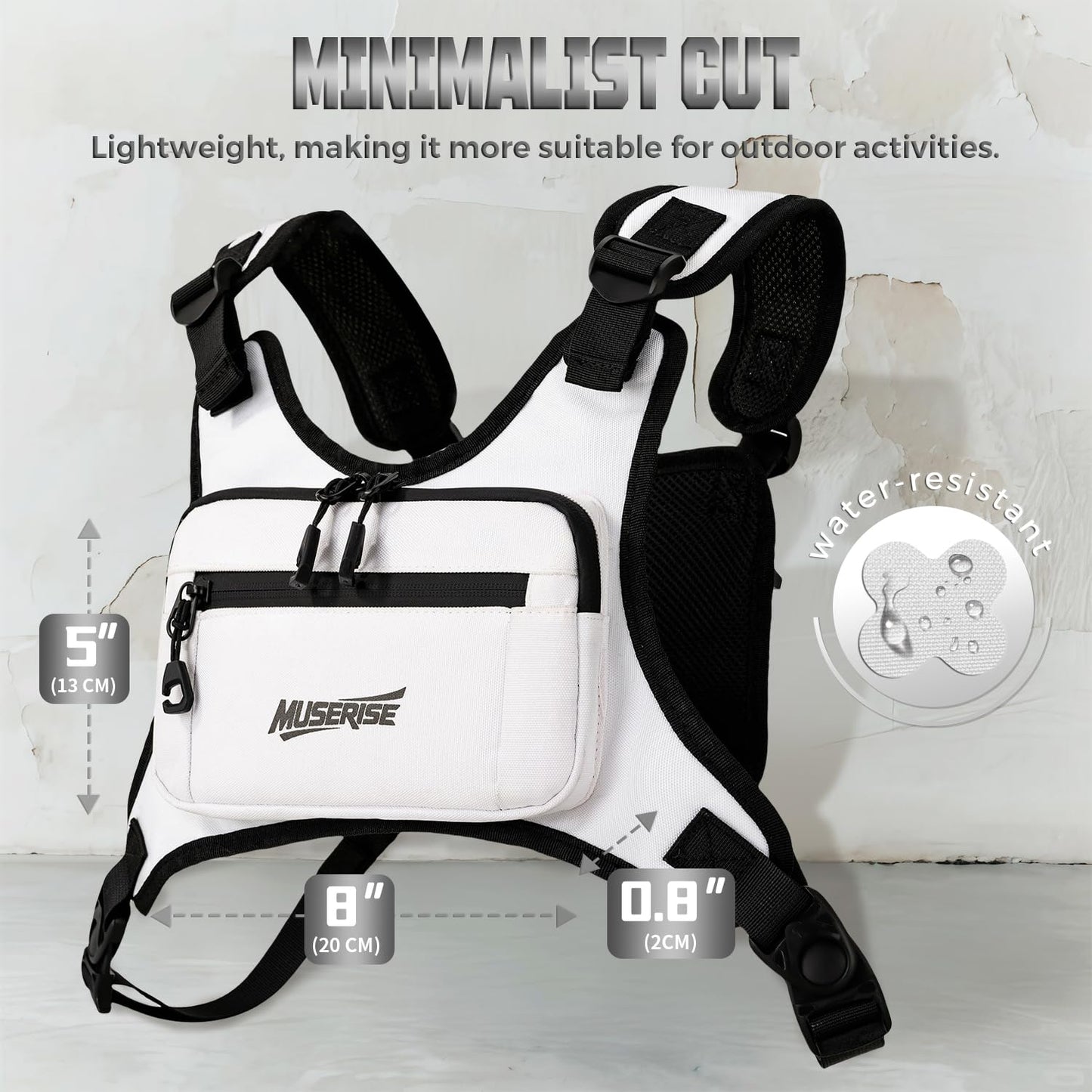 Muserise Sports Chest Bag For Men Women, Water Resistant Lightweight Front Chest Pack, Running Vest Bag With Built-In Phone Holder & Extra Storage For Workouts, Running, Cycling