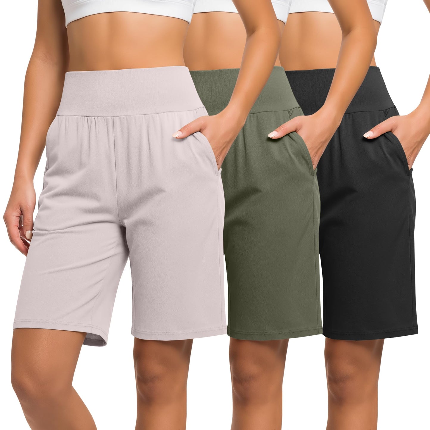 Neer 3 Pack Women's Bermuda Shorts, High Waist Basic Stretch Casual Bottoms Knee Length Summer Athletic Short with Pockets(Black, Army Green, Light Khaki,Medium)